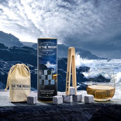 Kit 6 pierres  whisky, pince et sachet On the Rocks Bleu de Bretagne