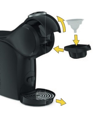 Schéma : détartrer une Dolce Gusto Delonghi en insérant au préalable l'outil de rinçage dans le porte-capsule