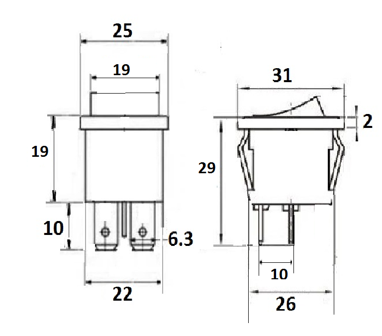 Dimensins interrupteur bieffe rouge 2 positions adaptable